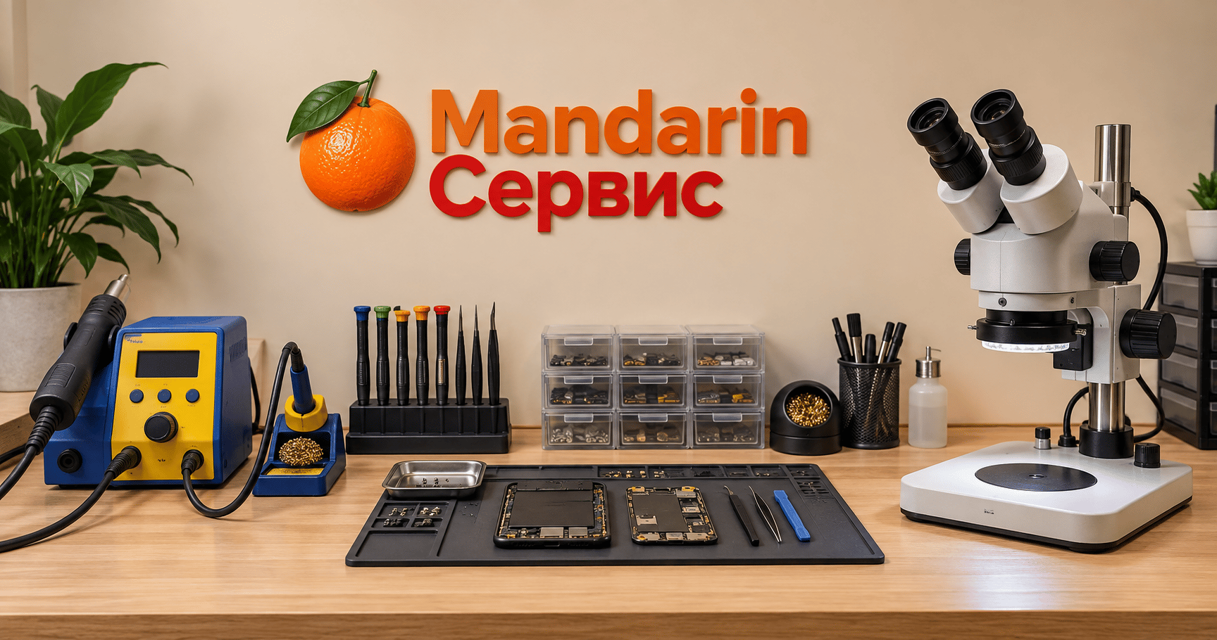 Иллюстрация мастерской Mandarin Сервис: рабочий стол с паяльной станцией, инструментами и микроскопом