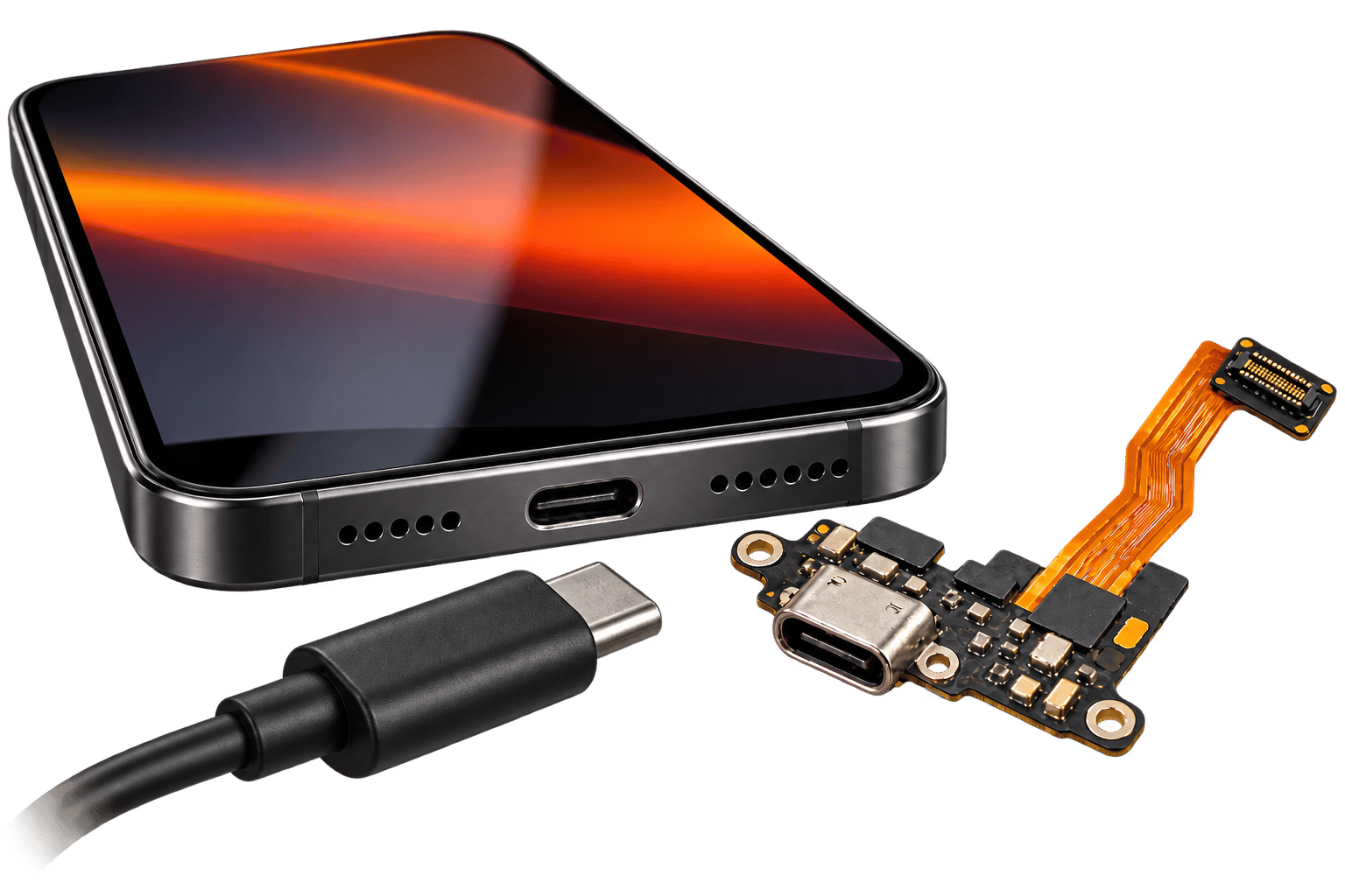 Разъём USB-C телефона и новая плата разъёма зарядки со шлейфом
