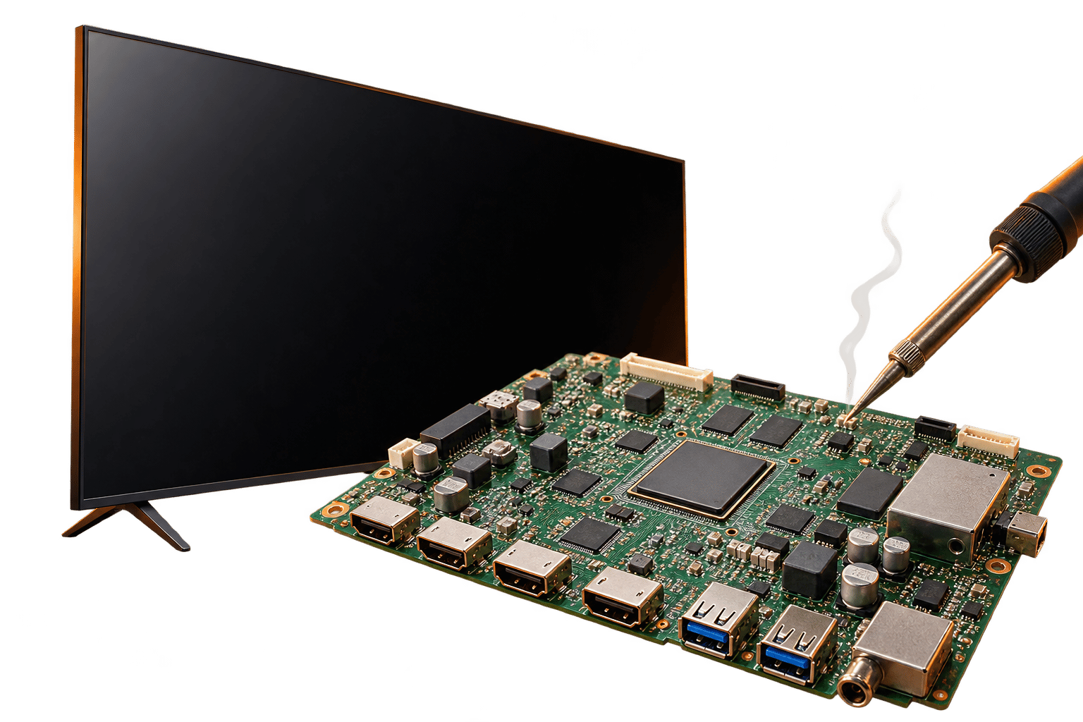 Материнская плата телевизора с разъёмами HDMI и жало паяльника